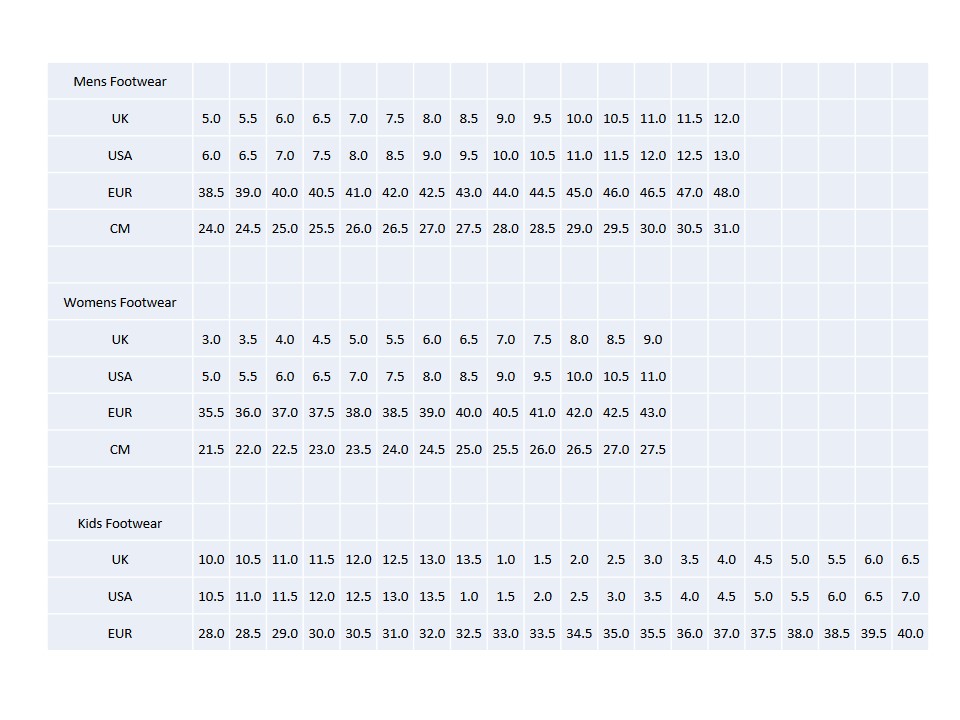 saucony kids shoe size chart