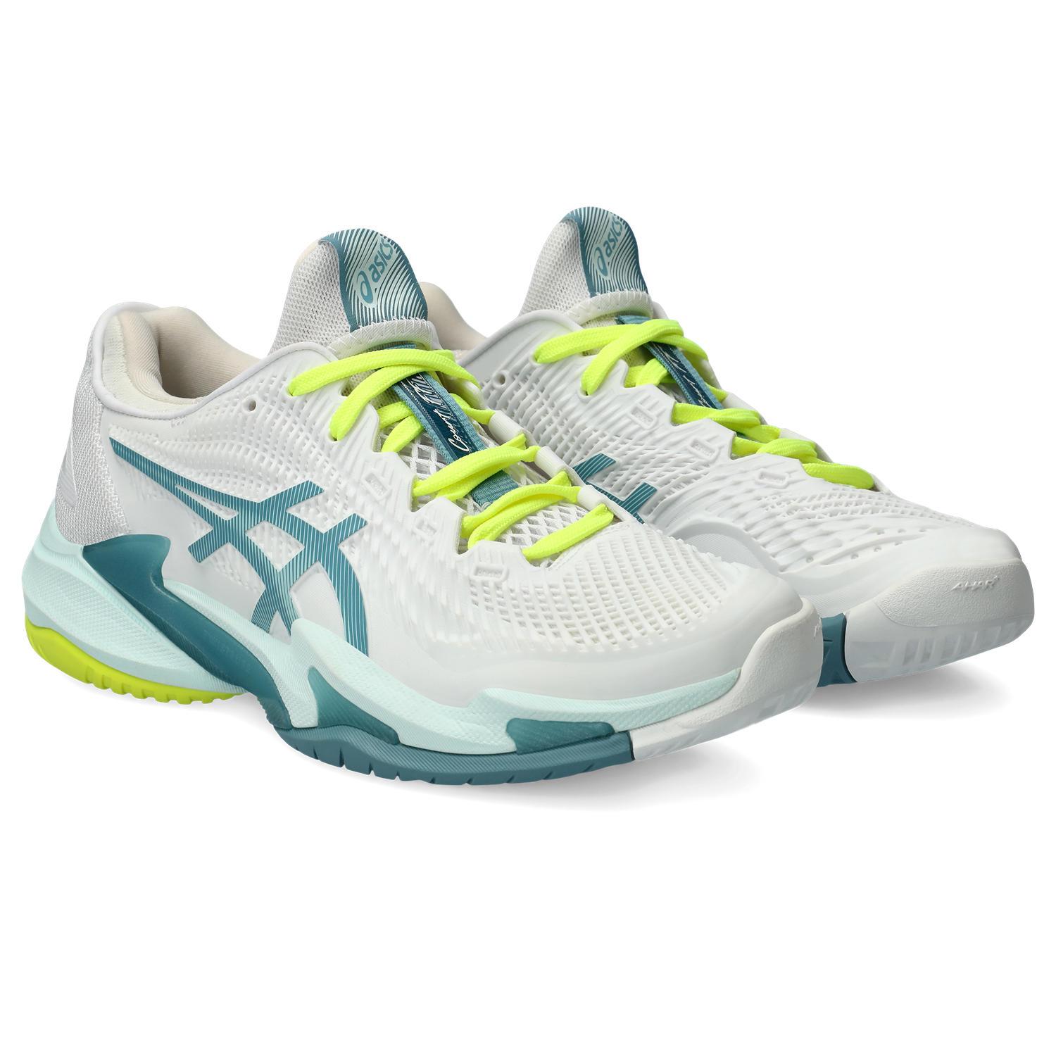 Asics Womens Court FF3 Tennis Shoes - White/Blue/Yellow - Tennisnuts.com