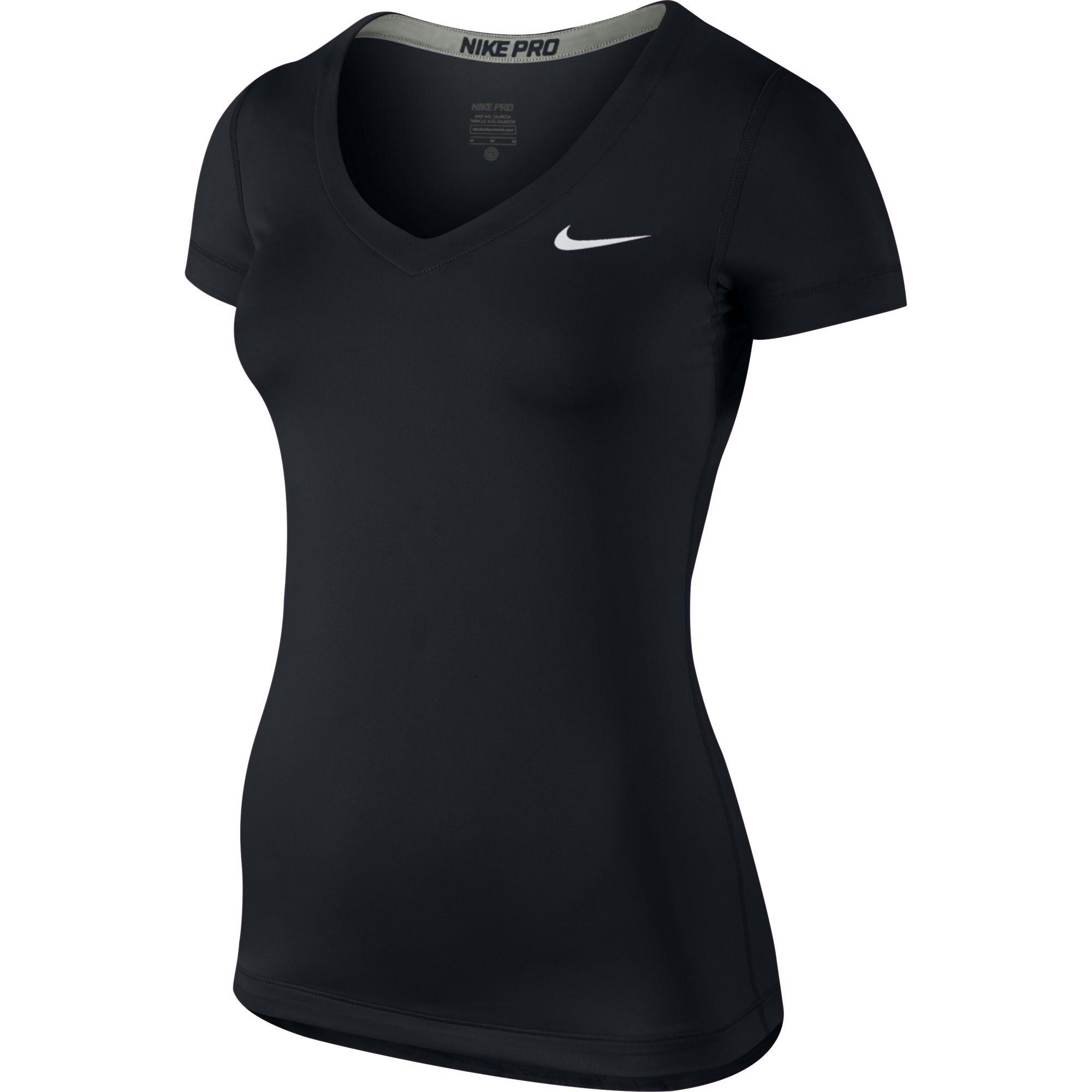 Nike Womens Pro Fitted Short-Sleeve V-Neck Shirt - Black - Tennisnuts.com