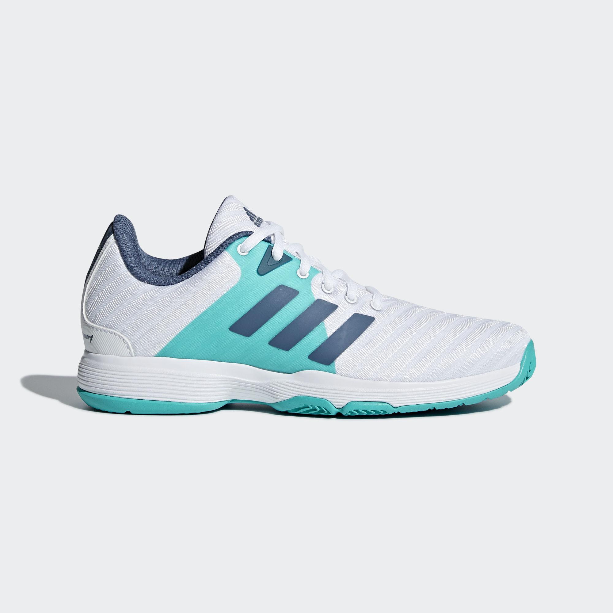 Adidas Womens Barricade Court Tennis Shoes - White/Blue - Tennisnuts.com