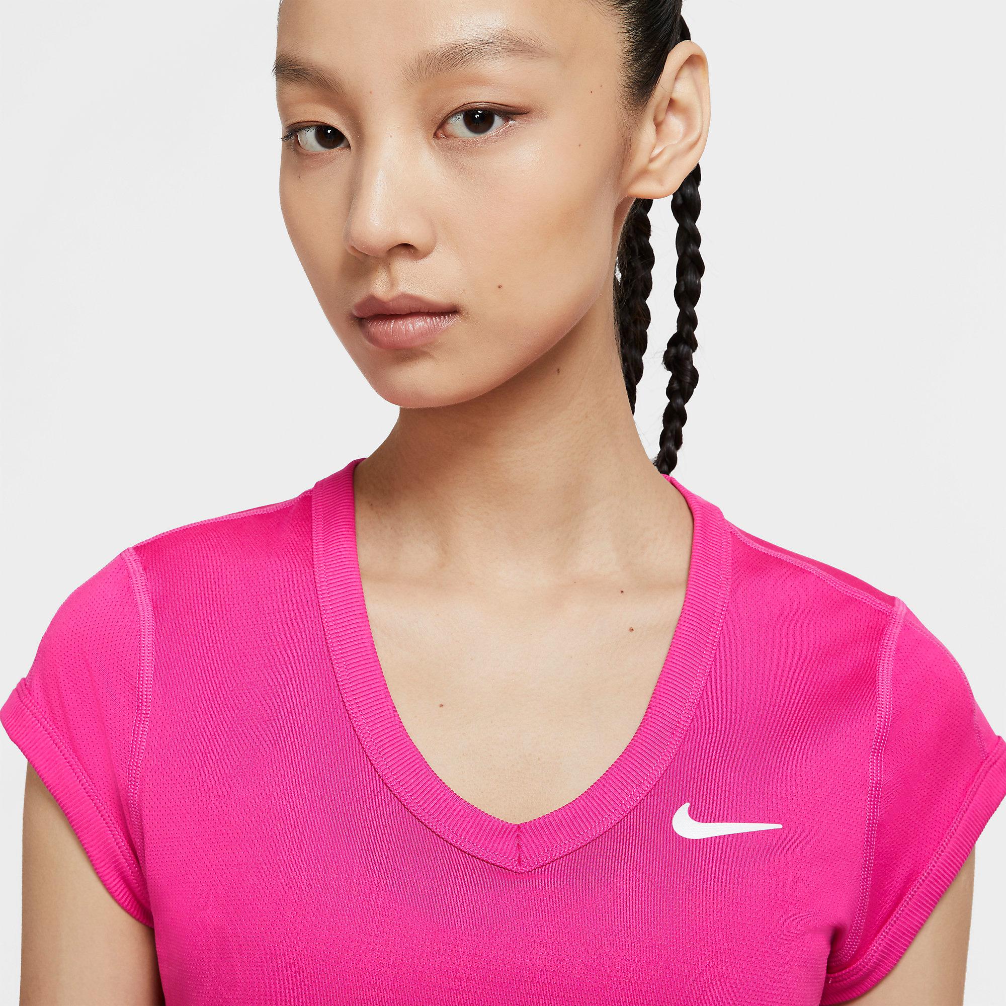 Nike Womens Dri-FIT Short-Sleeve Top - Vivid Pink/White - Tennisnuts.com