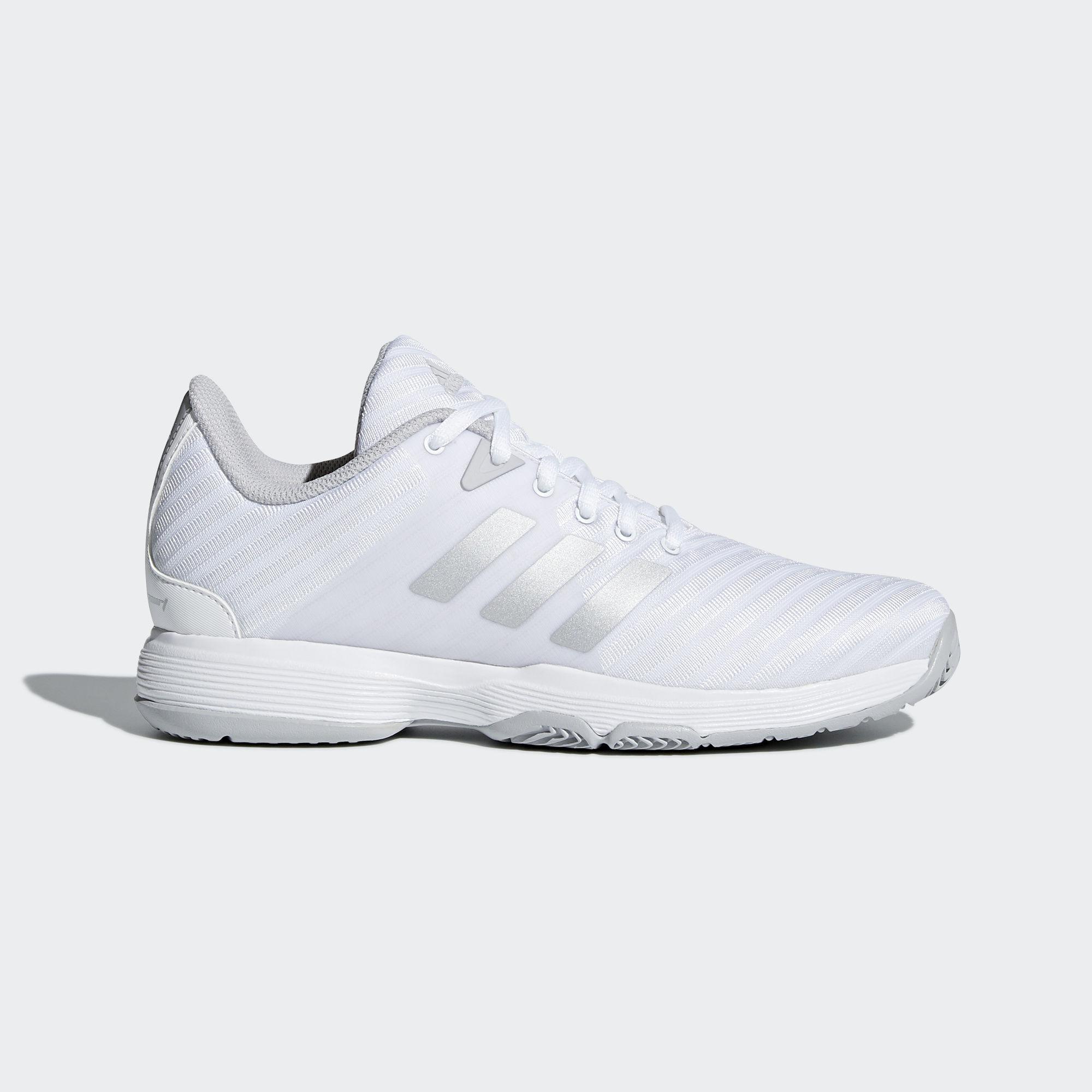 Adidas Womens Barricade Court Tennis Shoes - White/Silver - Tennisnuts.com