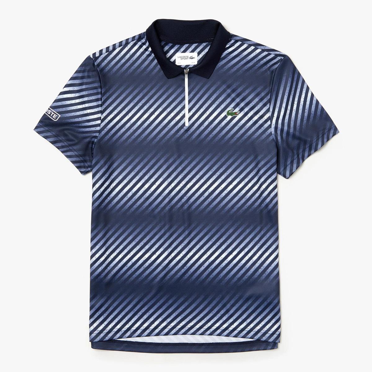 Lacoste Mens Zip Neck Shaded Stripes Tech Pique Polo - Navy Blue/White ...