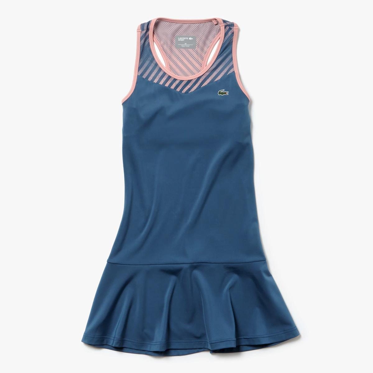 Lacoste Womens Racerback Jersey and Print Mesh Tennis Dress Blue/Pink