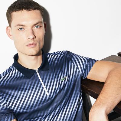 Lacoste Mens Zip Neck Shaded Stripes Tech Pique Polo - Navy Blue/White - main image