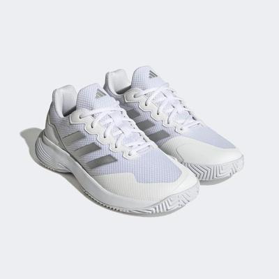 Adidas Womens GameCourt 2.0 Tennis Shoes - Cloud White/Silver Metallic
