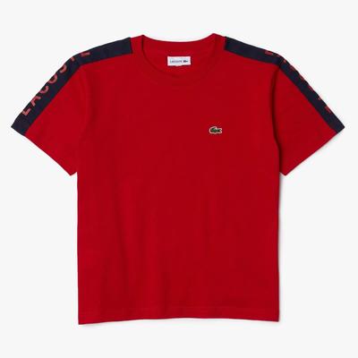 Lacoste Boys Crew Neck Lettered Bands Cotton T-Shirt - Red/Navy - main image